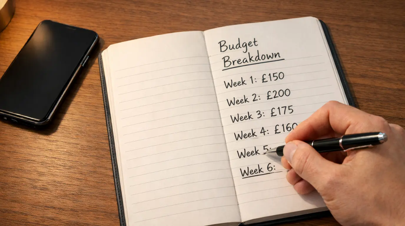 Person planning a betting budget in a notebook with a pen before Derby night