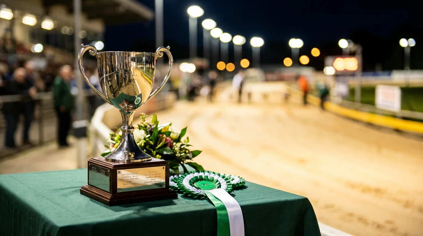 Greyhound Derby race night at Towcester Stadium with greyhounds racing on sand track