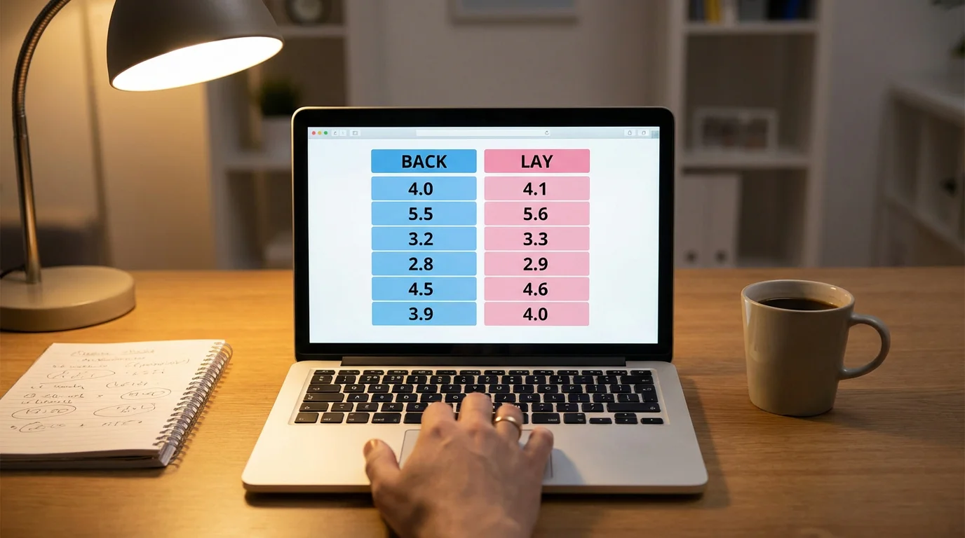 Laptop screen showing a betting exchange interface with back and lay columns for a greyhound race