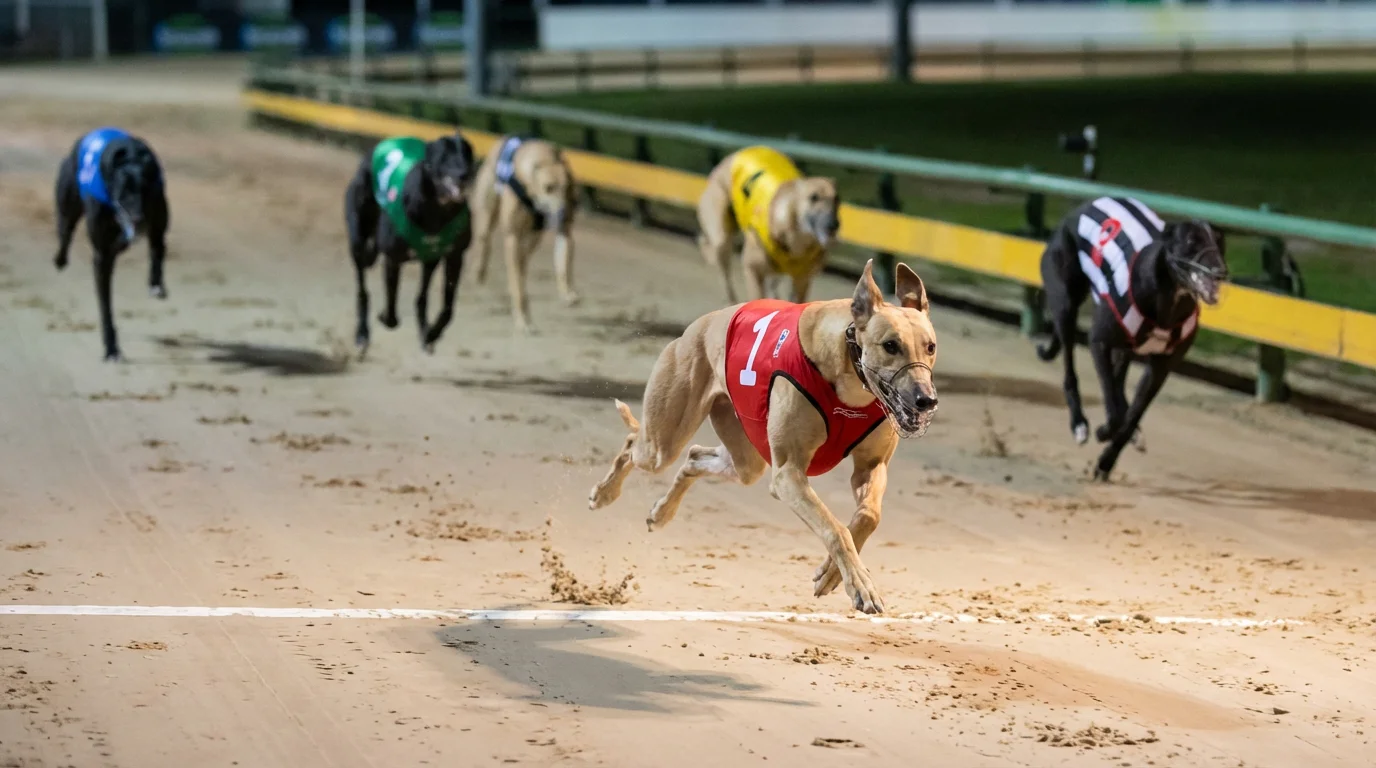 Victorious greyhound crossing the finish line first in a dramatic Derby final under floodlights