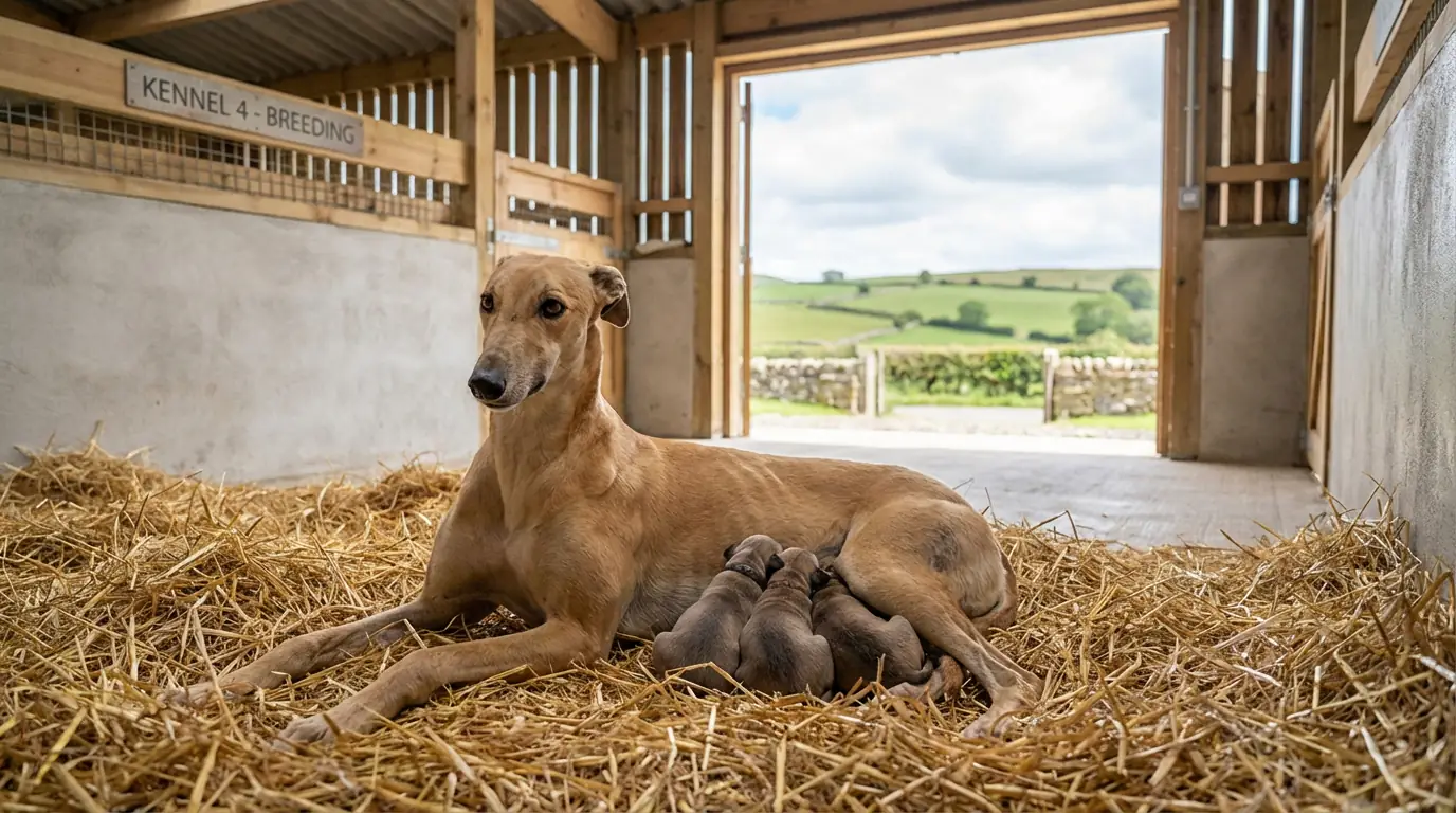 Greyhound dam with puppies in a kennel at an Irish breeding farm
