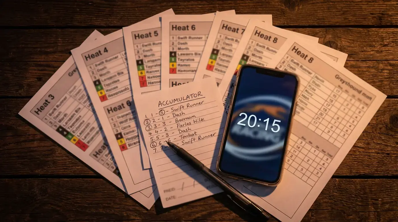 Multiple greyhound racing programmes fanned out on a table with a betting slip on top