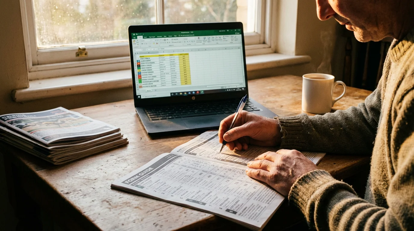 Punter studying greyhound form at a desk weeks before the Derby begins