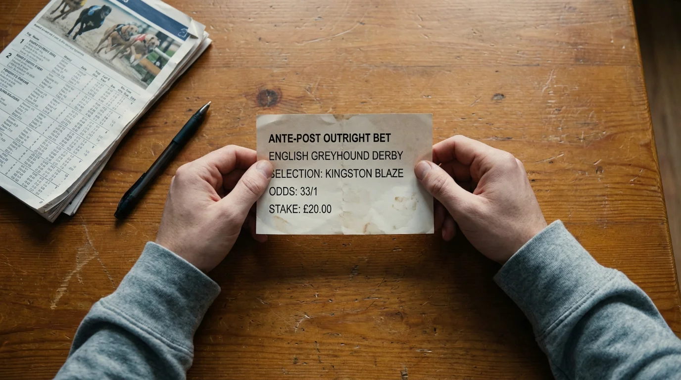 Betting slip and notebook showing ante-post odds tracking for the Greyhound Derby