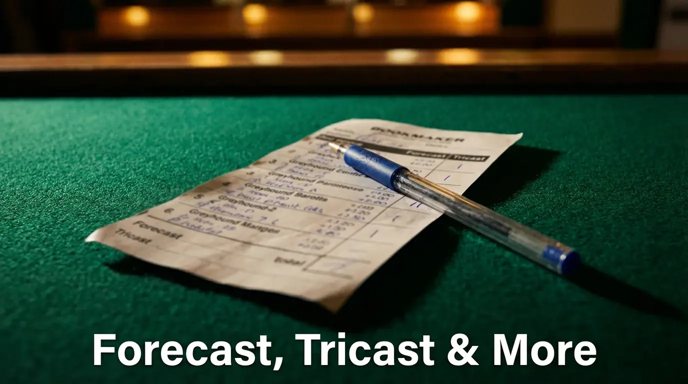 Greyhound racing betting slip with forecast and tricast selections