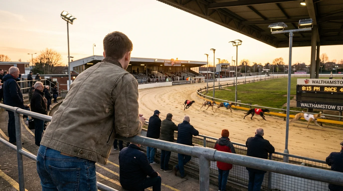 First-time racegoer watching greyhounds race from the grandstand at a track