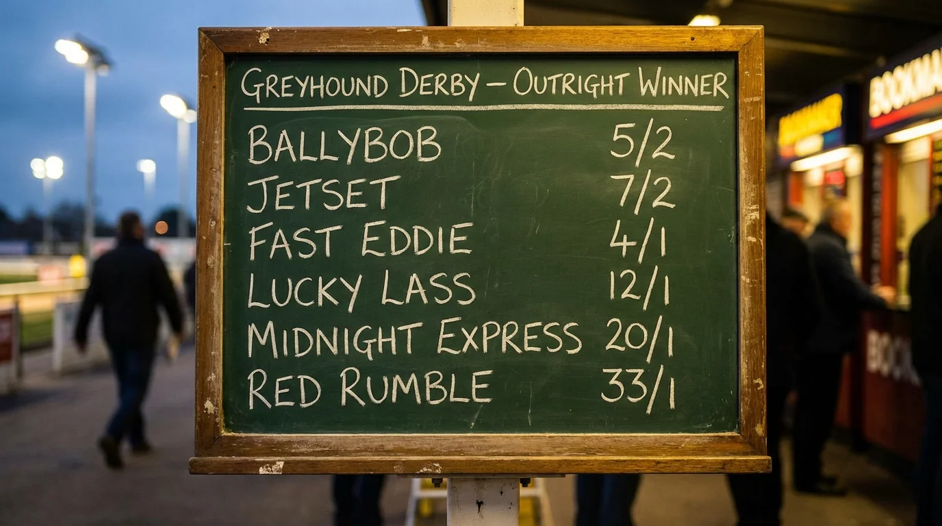 Punter studying greyhound derby betting odds on a racecard at Towcester