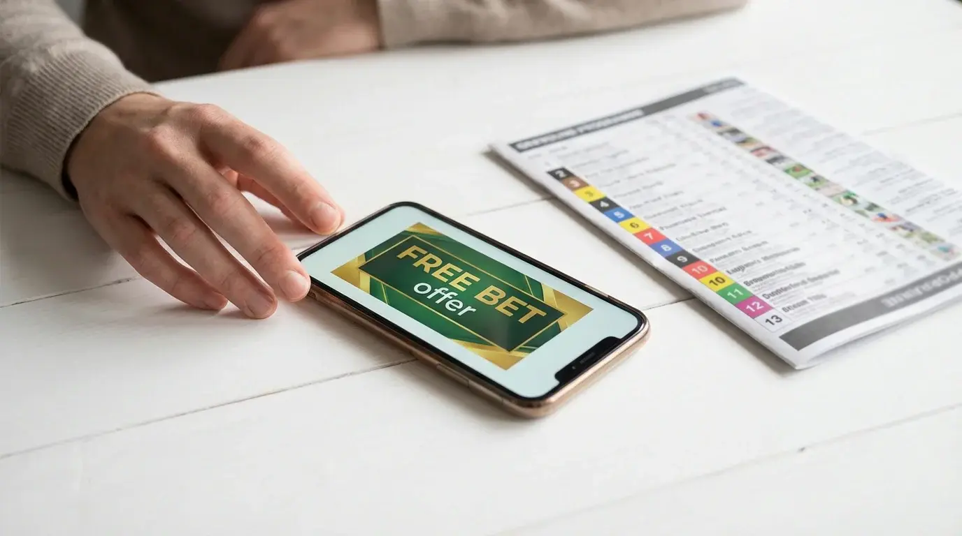 Free bet token graphic on a smartphone screen next to a greyhound racing programme