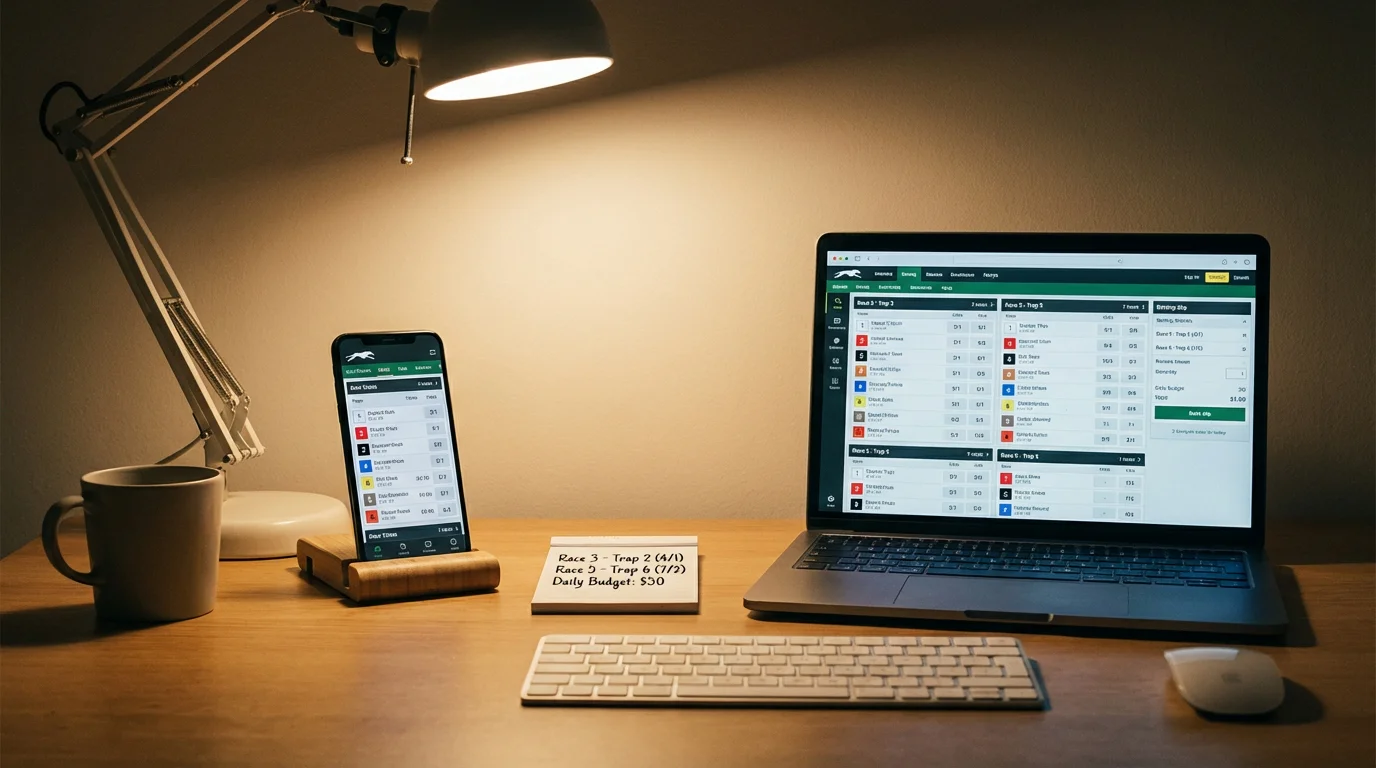 Smartphone and laptop showing greyhound betting interfaces side by side on a desk