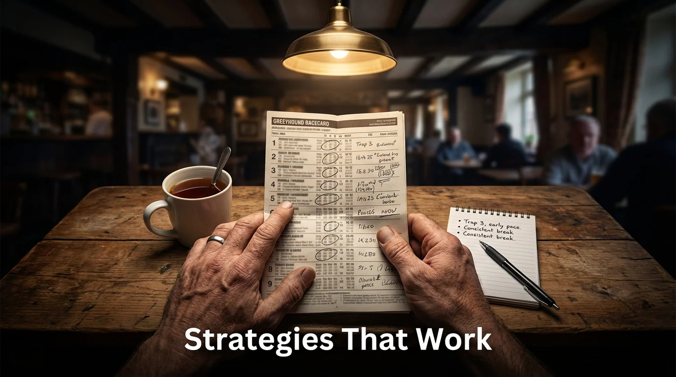 Punter studying greyhound racing form at a desk with notes and racecard