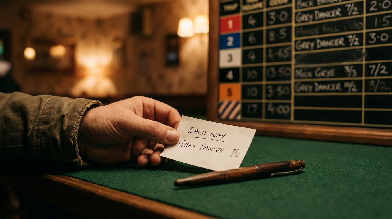 Betting slip showing an each-way bet on a greyhound race at a bookmaker counter