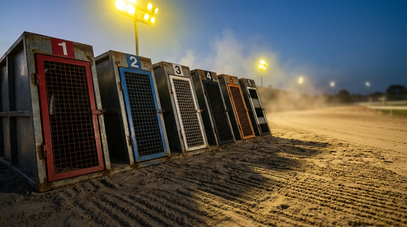 Close-up of a greyhound racing starting trap about to open at Towcester