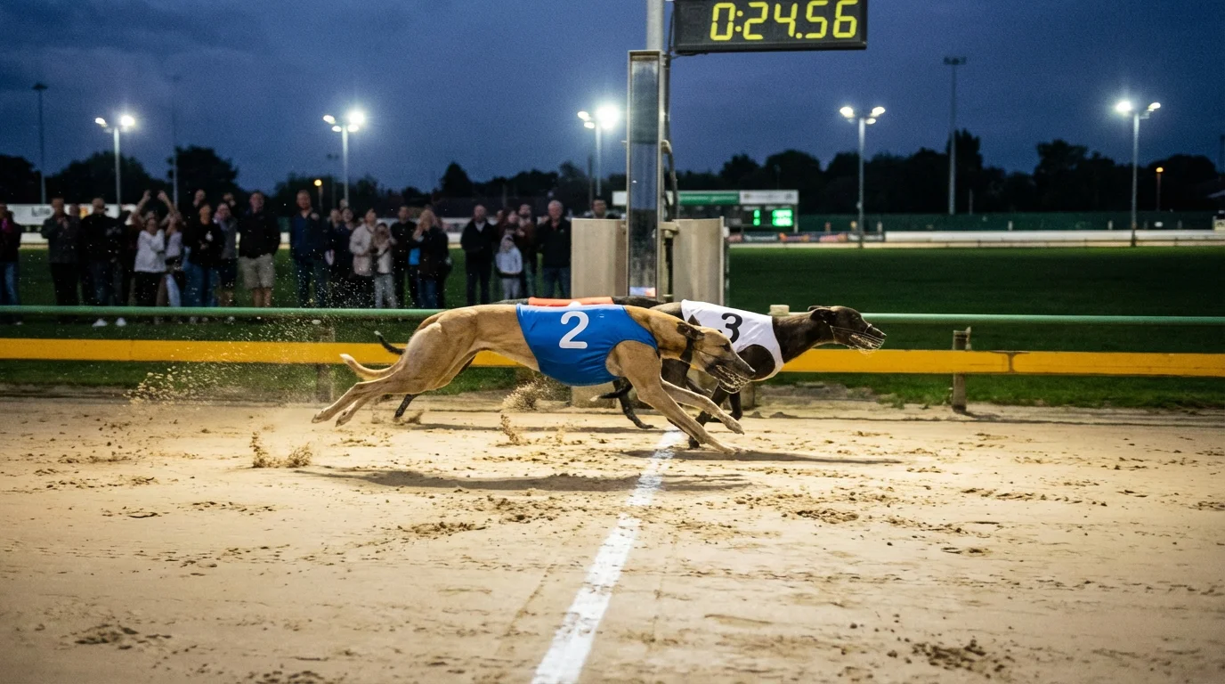Two greyhounds crossing the finish line nose to nose in a close Derby heat