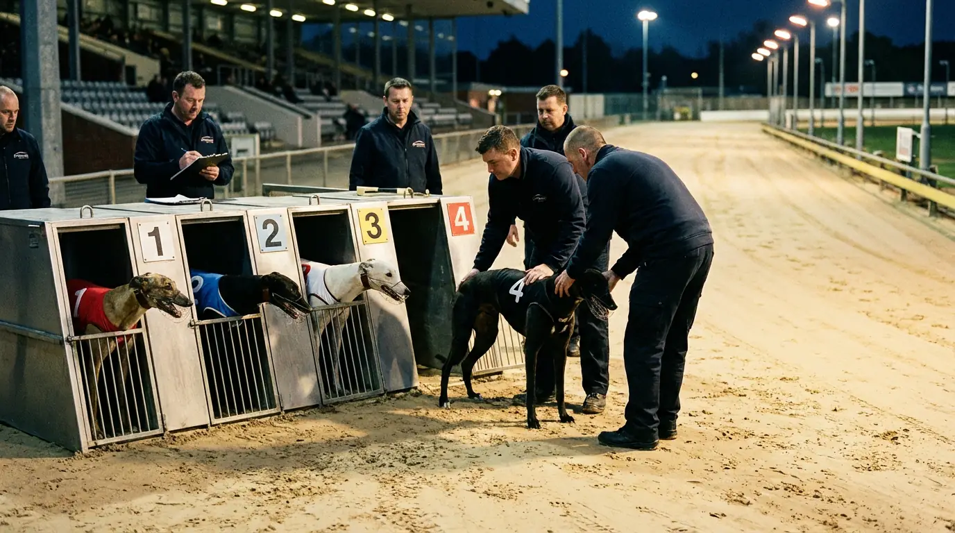 Greyhounds being loaded into starting traps by handlers before a Derby heat