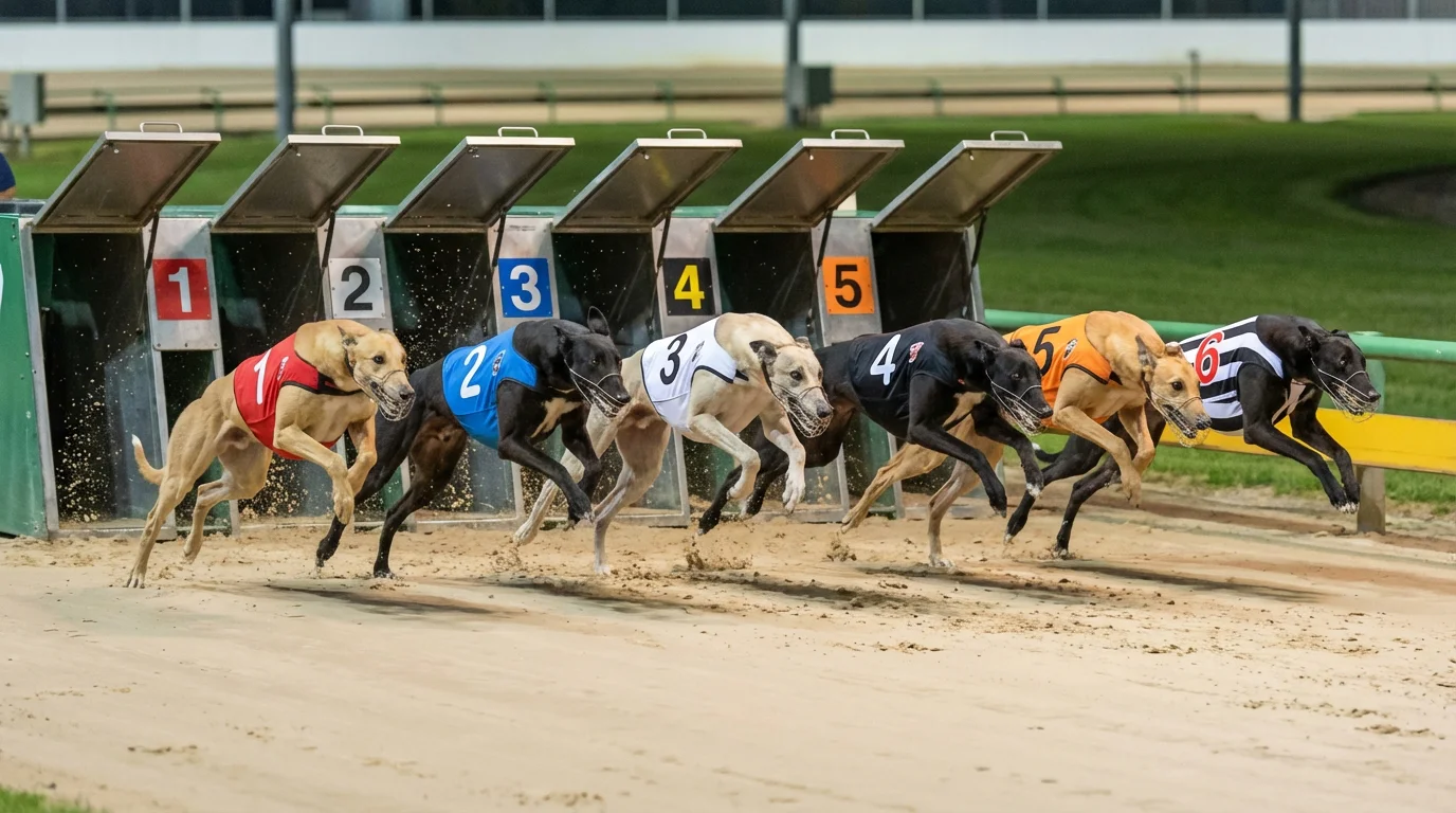 Greyhound crossing the finish line first during a Derby final under stadium floodlights