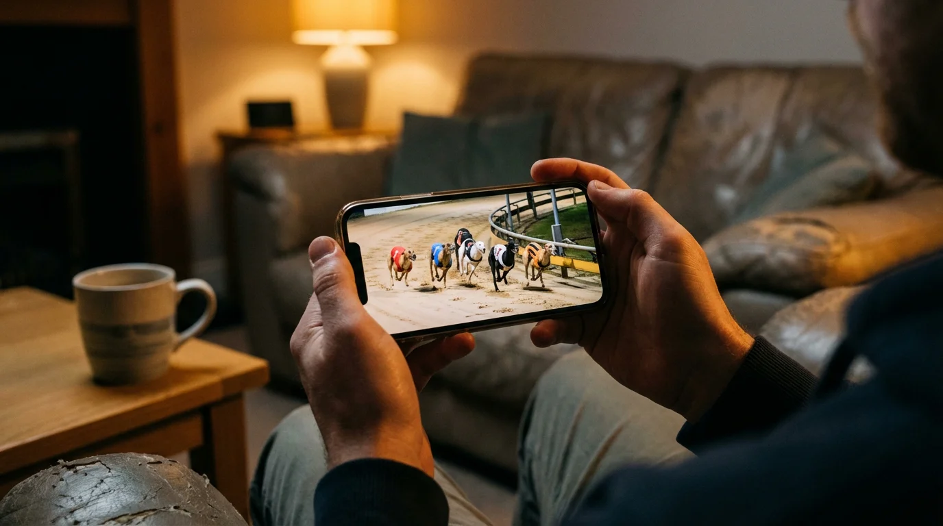 Person watching a greyhound race live stream on a smartphone screen at home