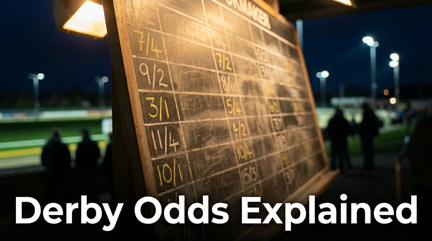 Greyhound Derby odds displayed on a bookmaker board at the track