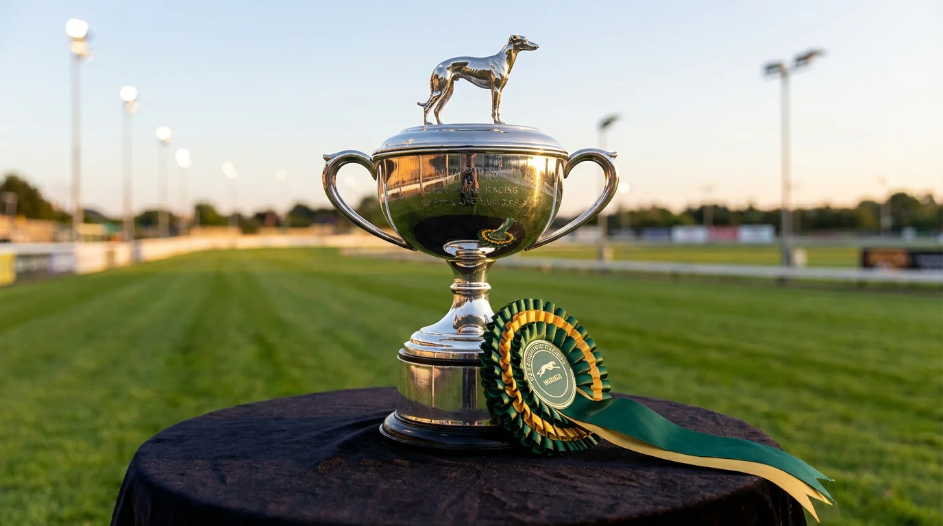 Greyhound Derby winner's trophy on display with a rosette at Towcester