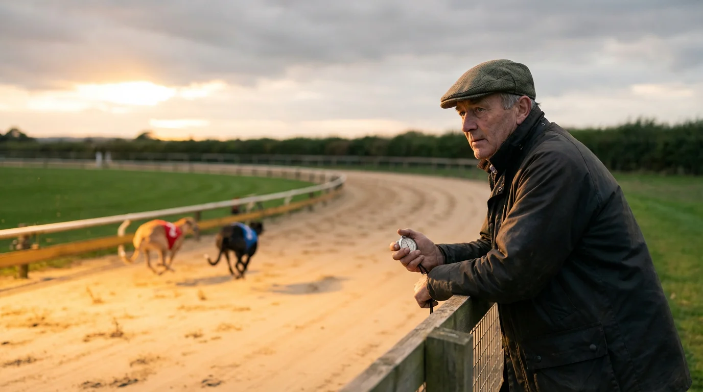Greyhound trainer watching dogs on the track at Towcester during Derby preparation
