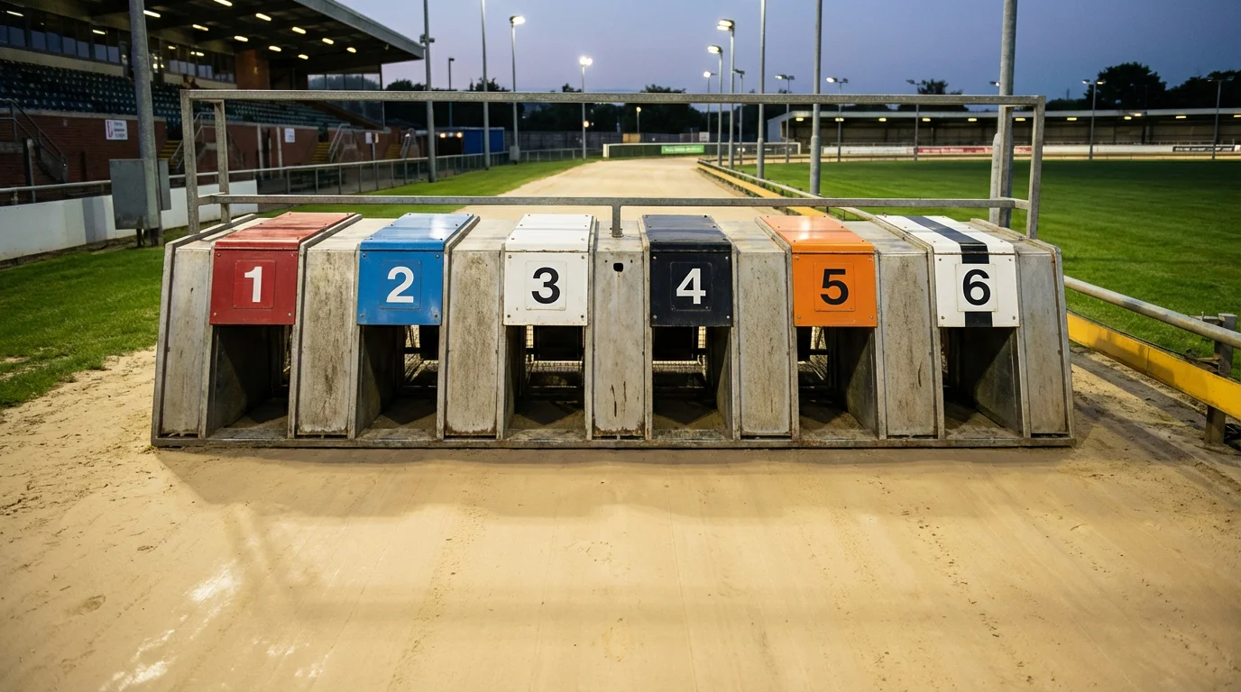 Six greyhound racing traps in different colours at a sand track starting line