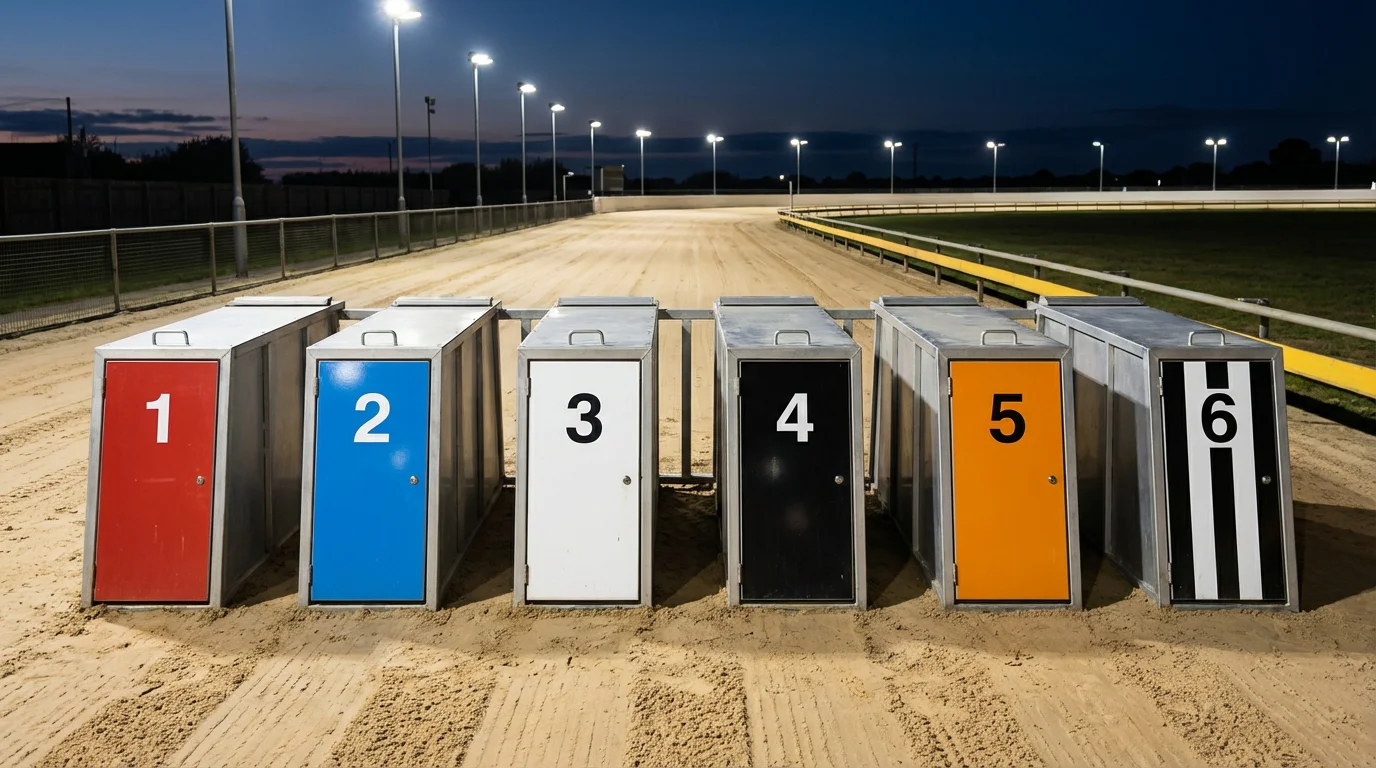 Six greyhound starting traps with coloured doors at Towcester sand track