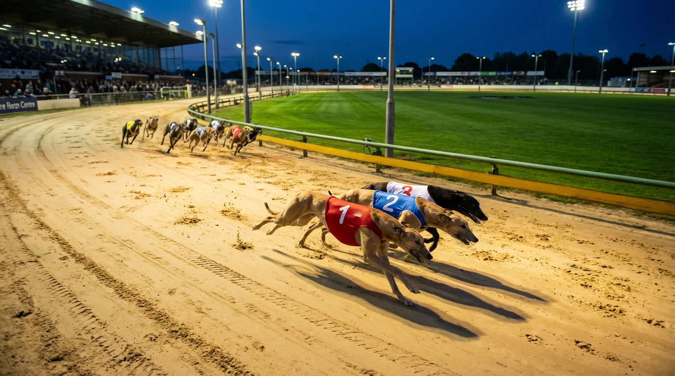 Three greyhounds racing in formation around a sand track bend during a Derby heat