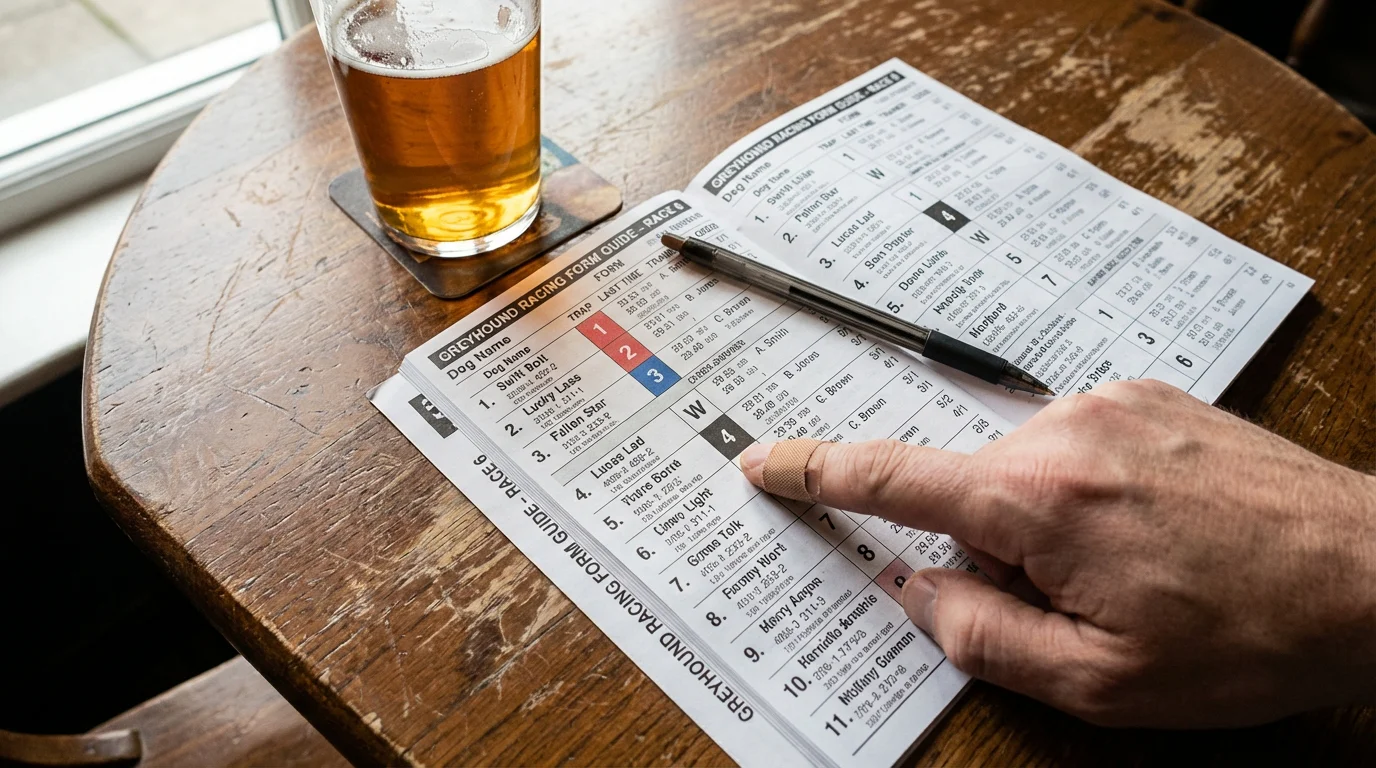 Greyhound racecard showing form figures and race details on a printed programme
