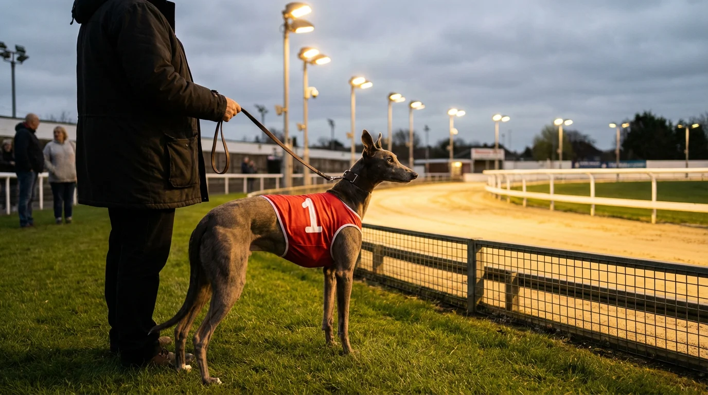 Greyhound wearing a racing jacket standing in the parade ring before a graded race