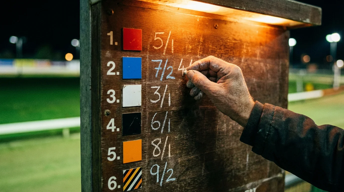Bookmaker odds board showing greyhound racing prices in fractional format