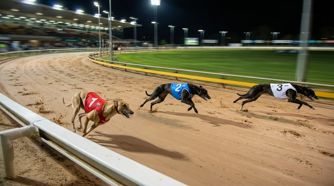 Racing greyhounds showing different running styles on a sand track bend
