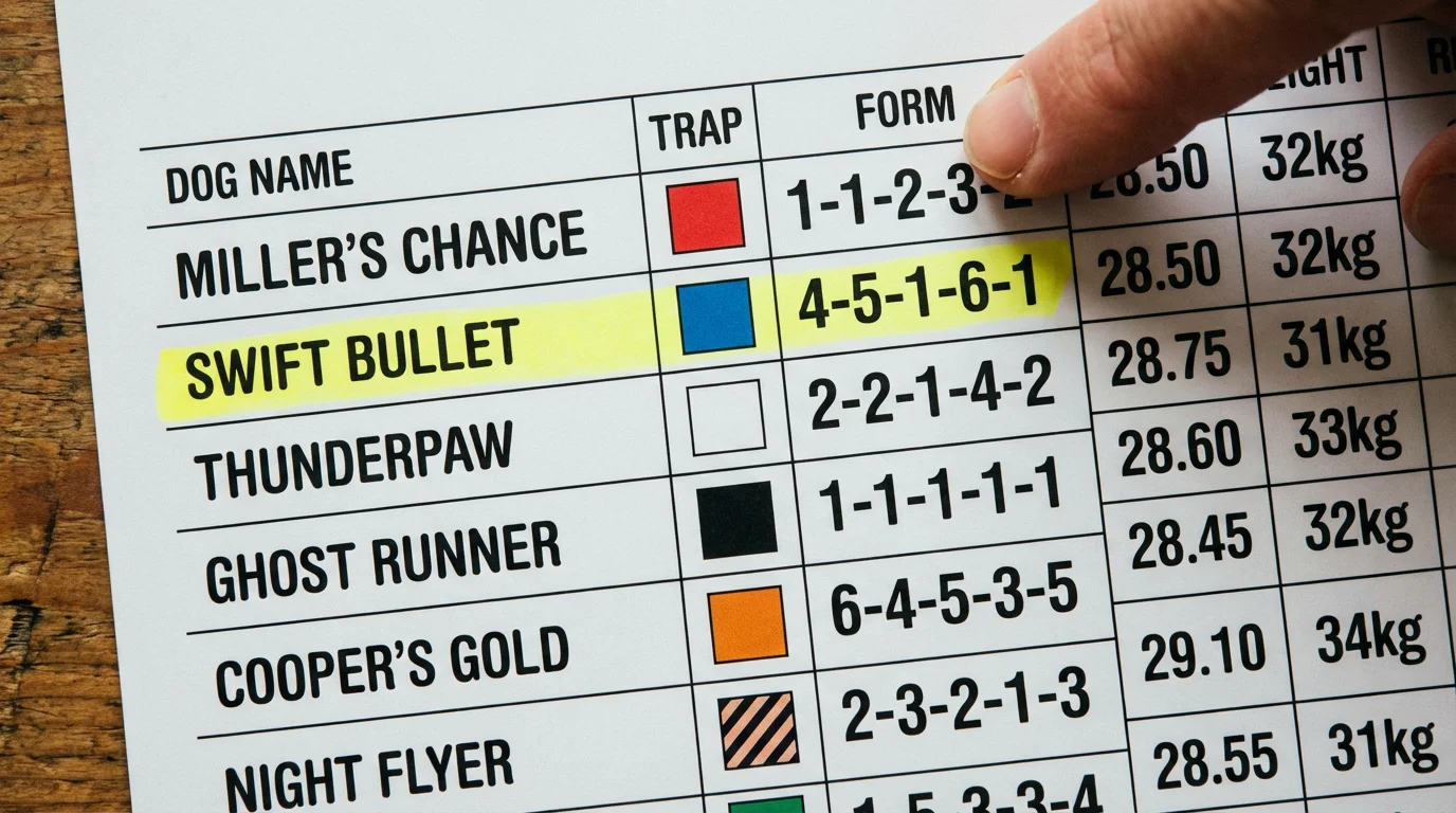 Close-up of a printed greyhound racecard showing dog names, form figures and trap colours