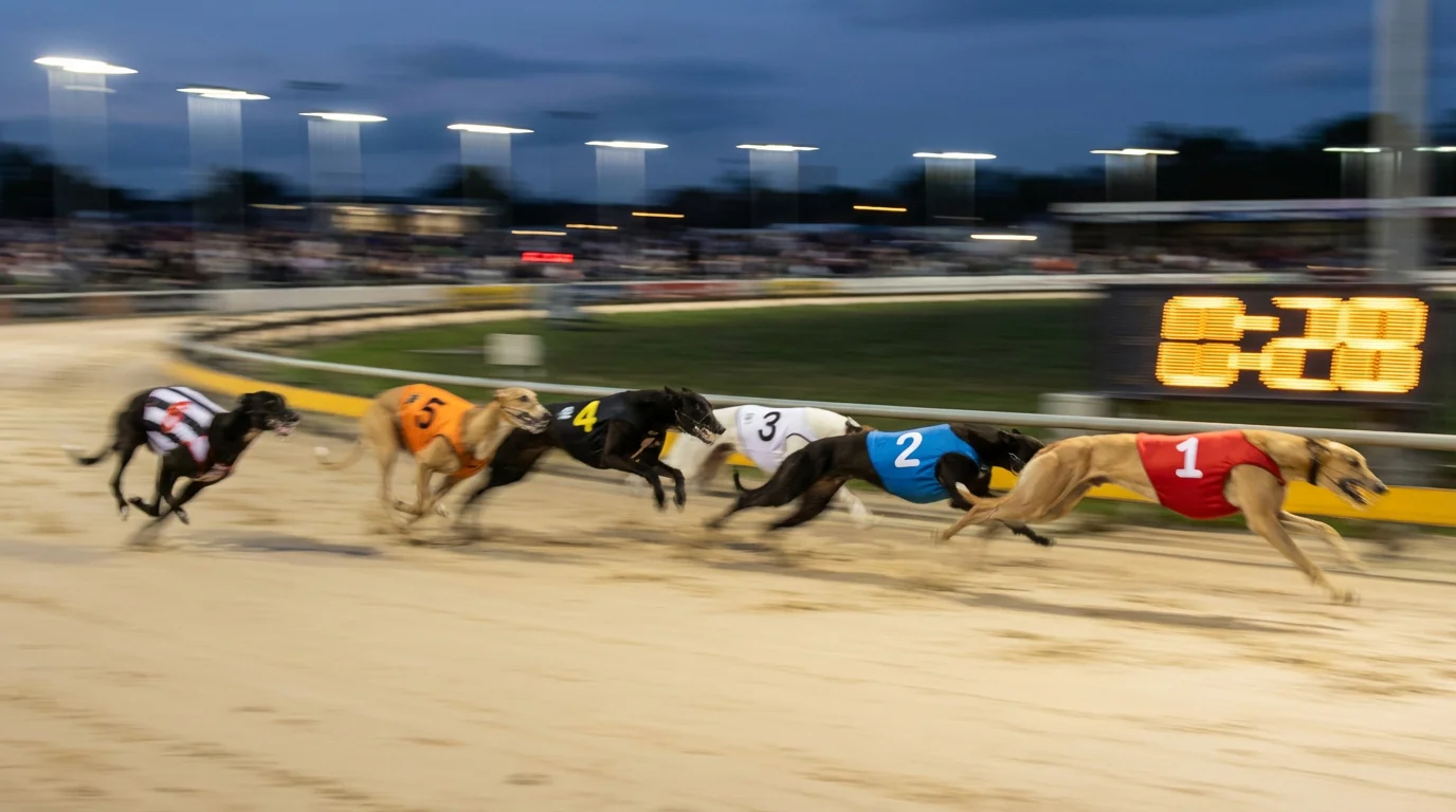 Greyhounds racing at full speed on a sand track captured in motion blur