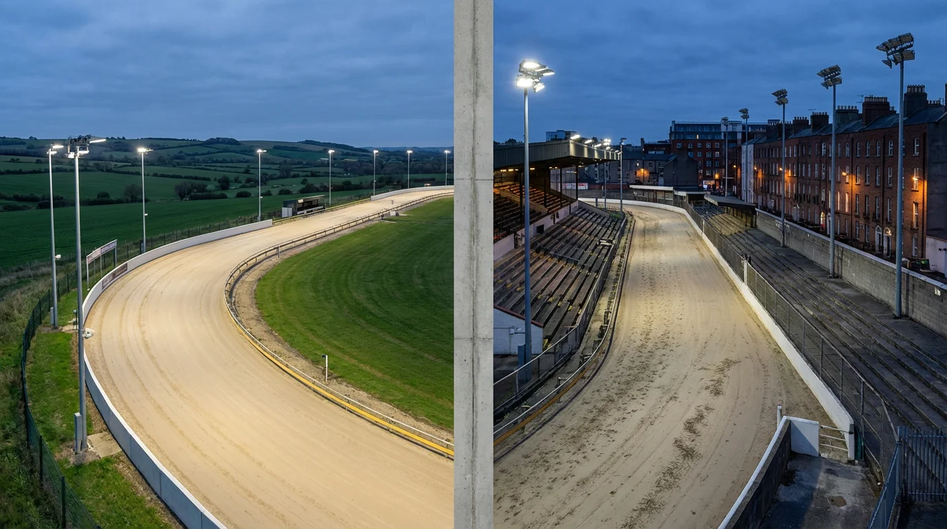 Split view of Towcester sand track and Shelbourne Park greyhound stadium