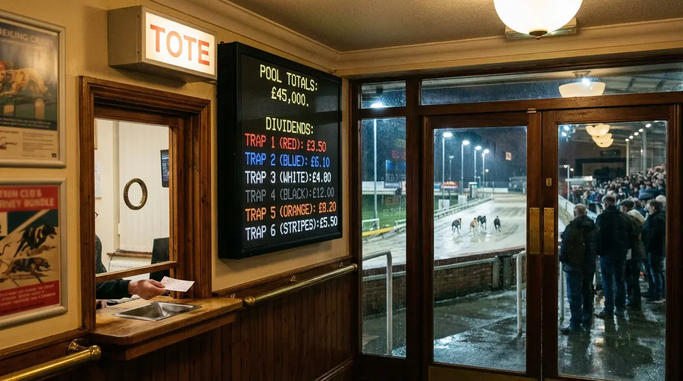 Tote betting window at a greyhound racing track with pool totals displayed