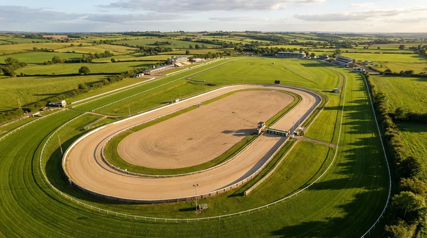 Aerial view of Towcester greyhound sand track showing the oval layout and wide bends