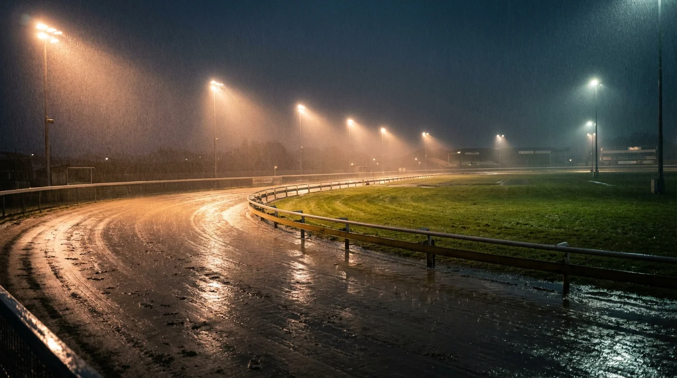 Rain falling on a wet sand greyhound racing track at Towcester under floodlights